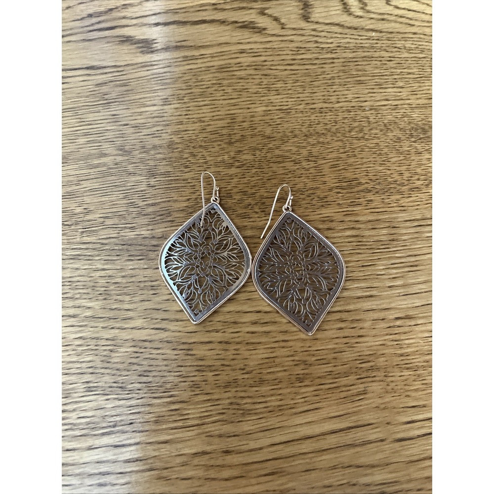 Maurices Silver Teardrop Shape 1.75" Dangle Earrings Filigree Rose gold edging